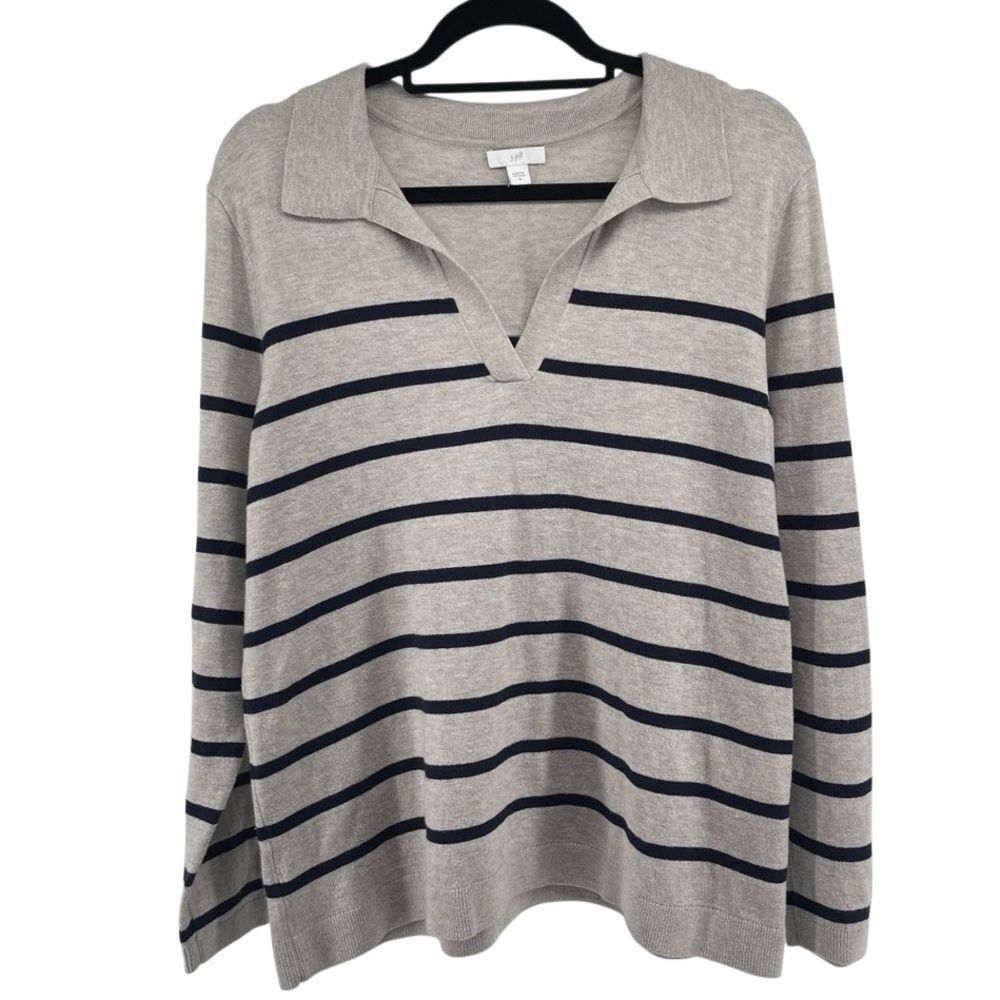 J.Jill Women’s Grey Navy Striped Collared V-Neck Sweater Medium